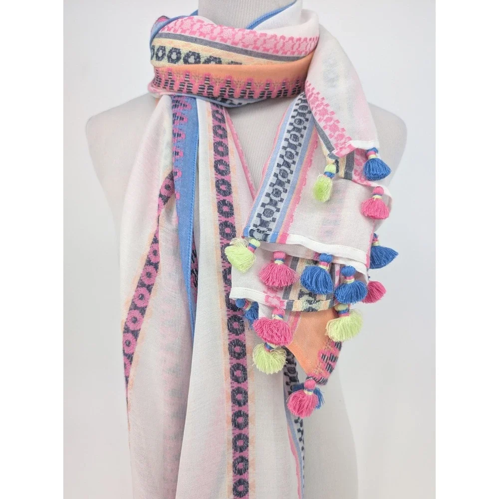 Tommy Bahama Tahitian Jacquard Scarf‎ OS Fuschia Bloom Tassel Sarong Wrap Pareo